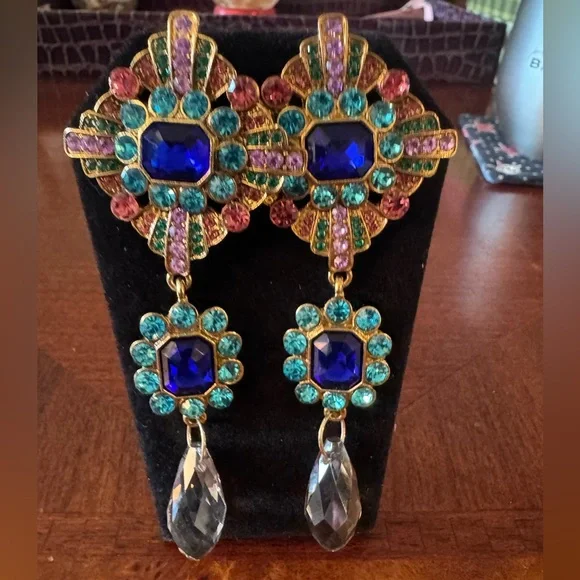 Colorful Crystal, Rhinestone Drop Medallion Dangle Vintage Look Party Earrings - Picture 4 of 10